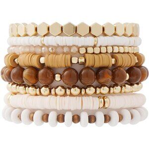 Surfer Heishi Clay Bead Bracelets for Women Bohemian Stackable Gold Light Brown